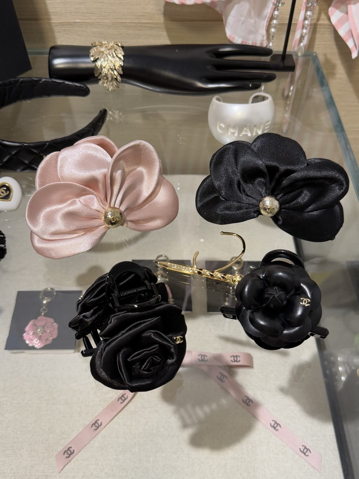 Chanel Elegant Satin Flower Hair Clip with Pearl Accents